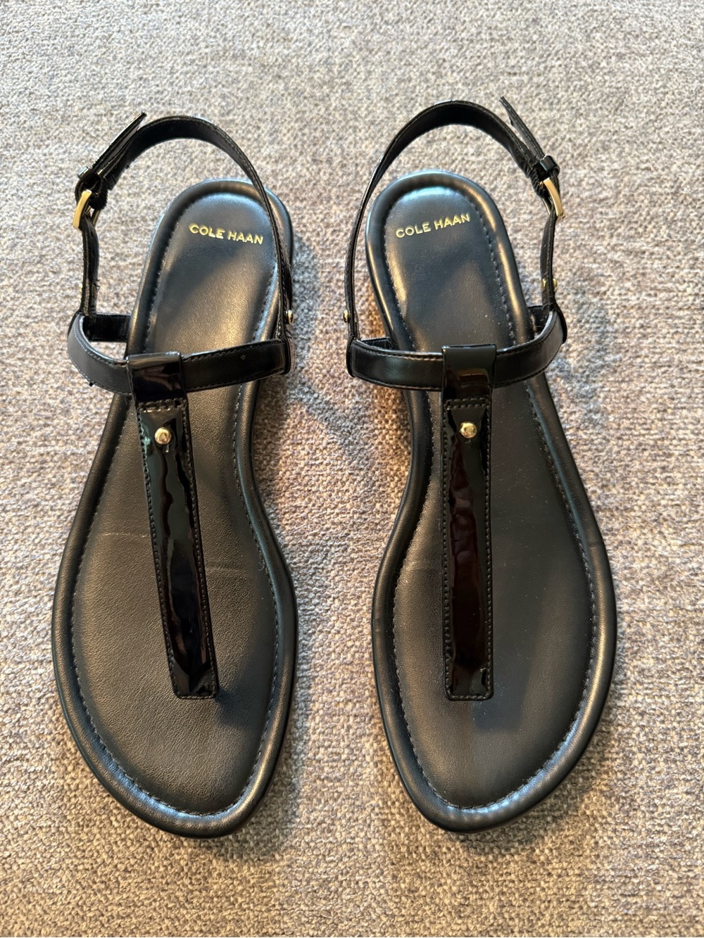 Cole Haan Black Patent T-Strap Slingback Sandals